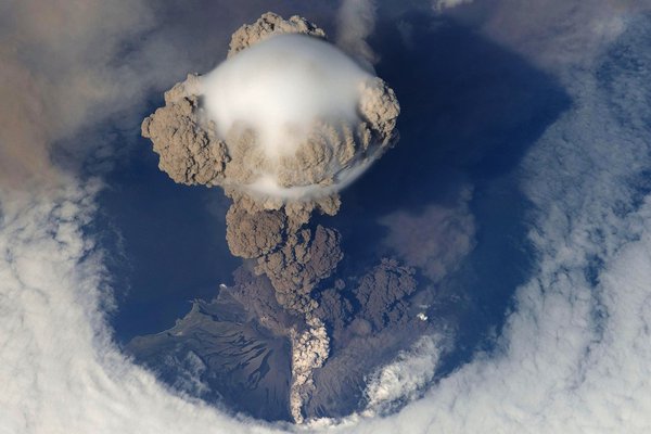 Aerial view of volcanic eruption